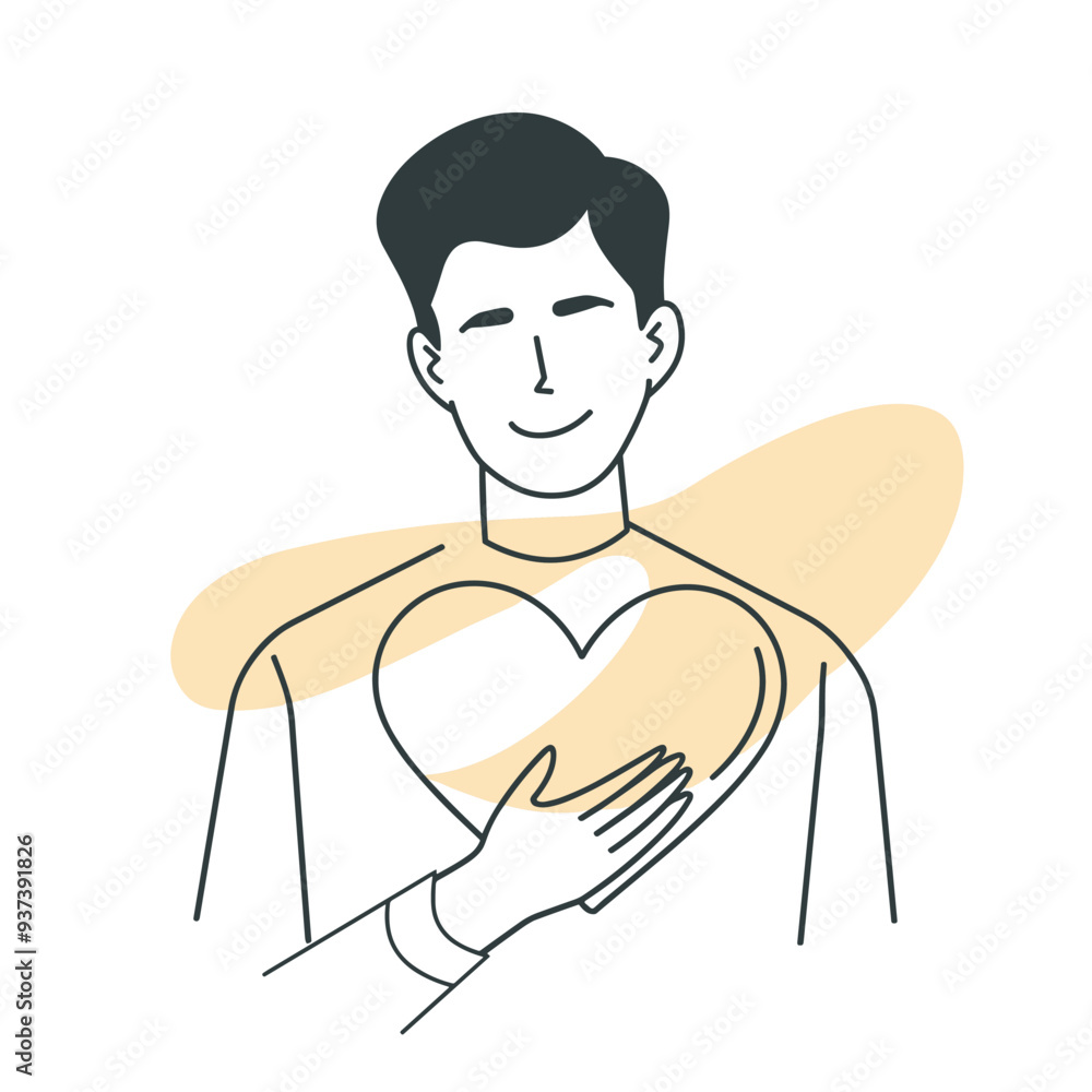 Minimalist illustration of a smiling man holding a heart, symbolizing love, care, and emotional well-being. Minimalist illustration of a smiling man holding a heart, symbolizing love, care, and emotional well-being.
