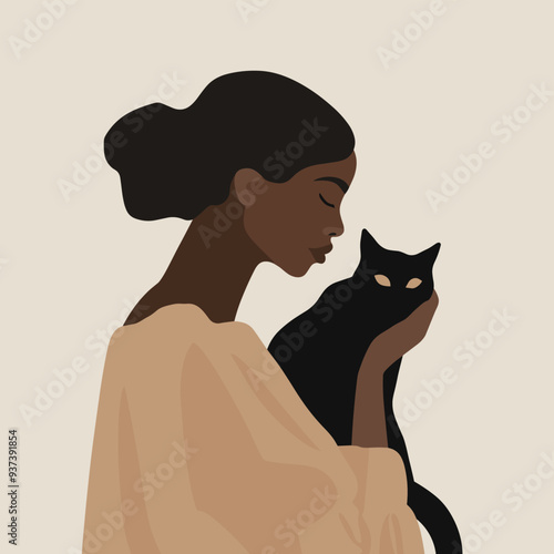 Minimalist illustration of a Black woman with upswept hair tenderly holding a sleek black cat, both in profile against a beige background.