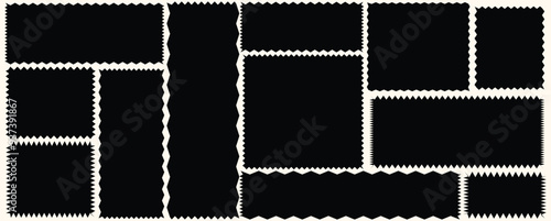 Set of frames with zigzag edge, Rectangle shape frame with zigzag edge. scallop edge shape. Set of jagged ellipses elements. Rectangular jagged curved box element. Geometric zig zag wavy stickers. 