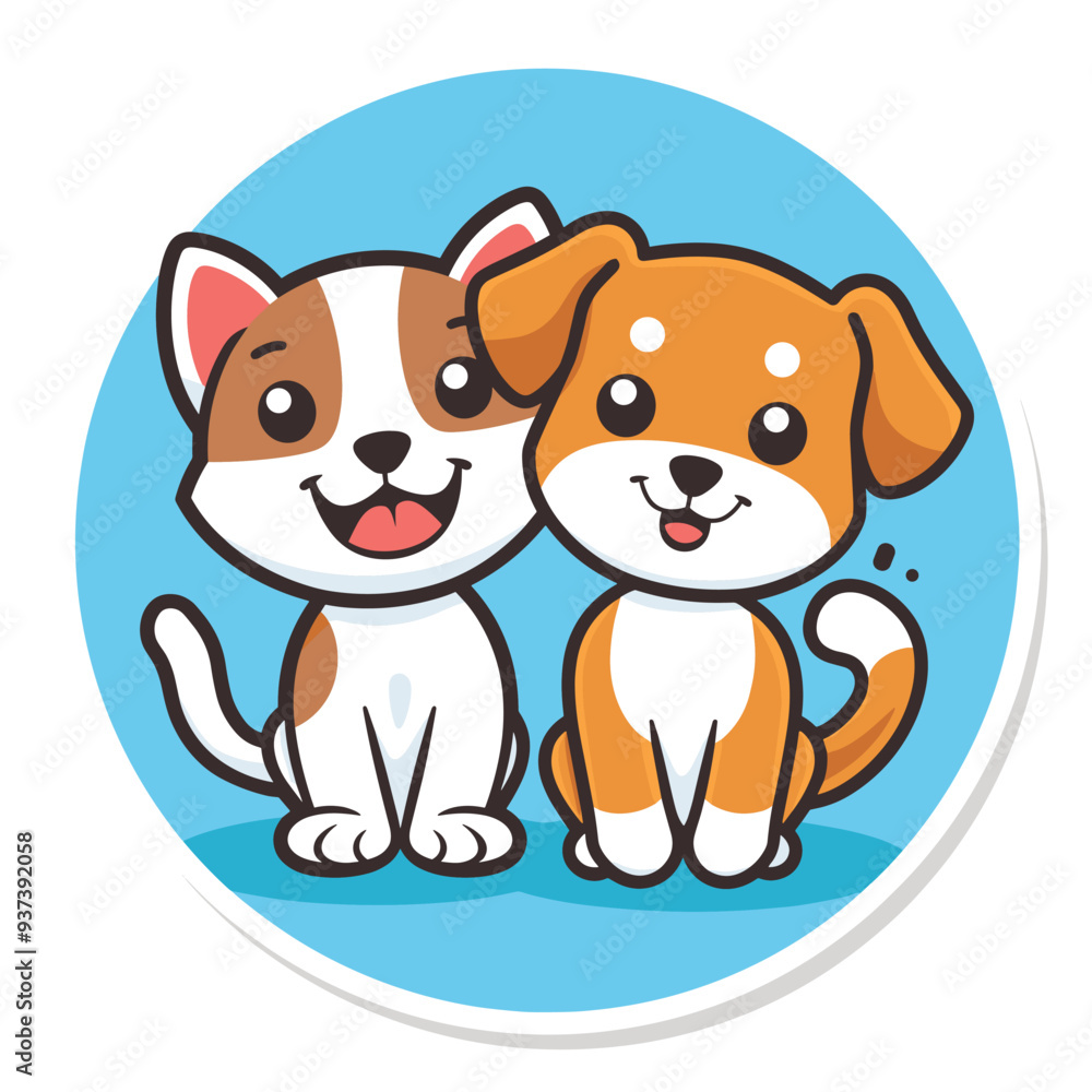 Adorable cartoon puppy duo: smiling cat and dog characters sitting side by side on a bright blue circular background. Adorable cartoon puppy duo: smiling cat and dog characters sitting side by side on a bright blue circular background.