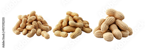 Peanuts set isolated on transparent background, shelled and unshelled peanuts collection for snacks and cooking