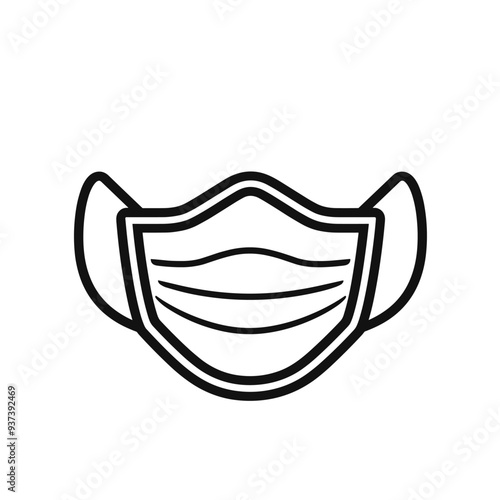 Simple black and white line drawing of a protective face mask, depicting a modern health and safety icon