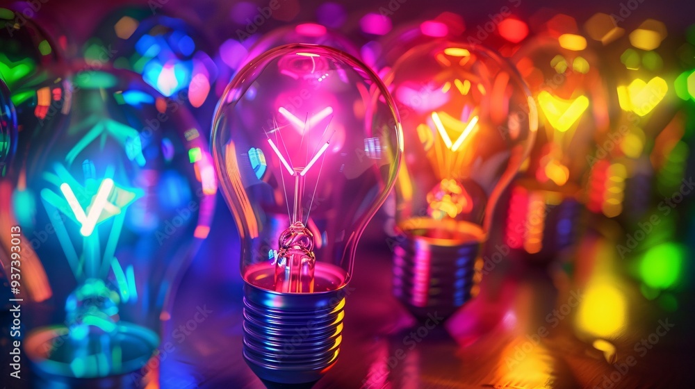Radiant Diversity - Group of Colorful Light Bulbs Shining Brightly to Illustrate Creativity and Unity Radiant Diversity - Group of Colorful Light Bulbs Shining Brightly to Illustrate Creativity and Unity