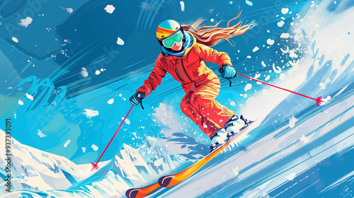 Girl skiing: A skier in a bright suit and outfit with long pigtails rides down a track with swirls