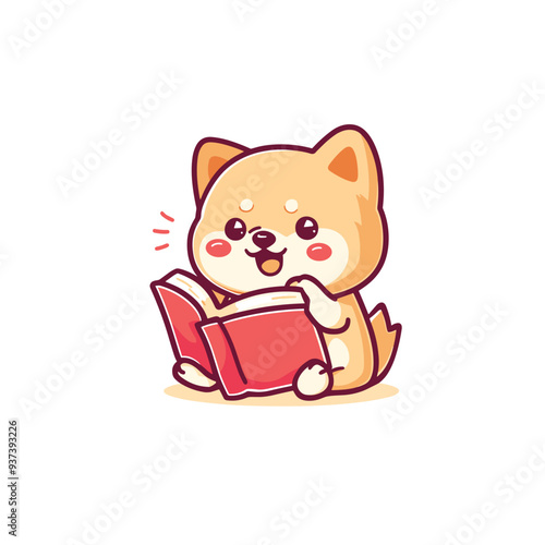 Adorable cartoon Shiba Inu puppy reading a red book with excitement, featuring kawaii-style illustration on white background.