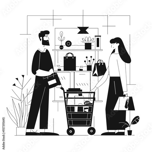 Minimalist illustration of couple shopping: man and woman with cart in stylized home interior, black and white line art design.