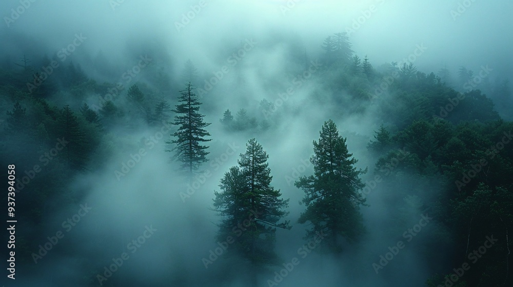 Enigmatic Mist: Mysterious Fog Enveloping Forest with Ethereal Trees Enigmatic Mist: Mysterious Fog Enveloping Forest with Ethereal Trees