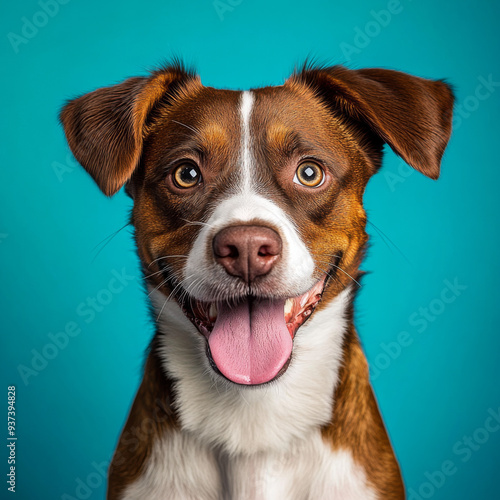 A brown and white dog with a pink tongue is smiling at the camera. The dog's eyes are bright and it is happy