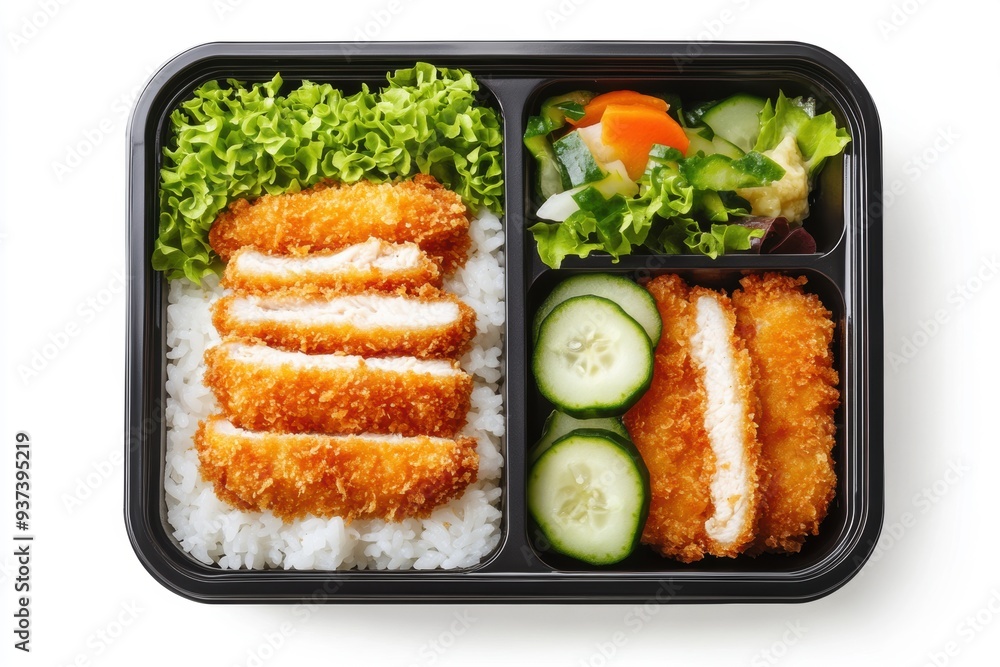 bento box featuring crispy chicken katsu, rice, and pickled vegetables