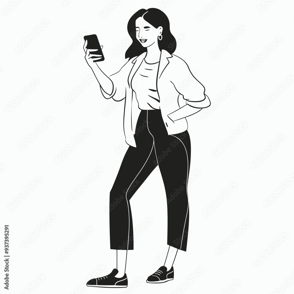 Stylish woman in black and white illustration checking smartphone while walking, depicting modern lifestyle and technology use. Stylish woman in black and white illustration checking smartphone while walking, depicting modern lifestyle and technology use.