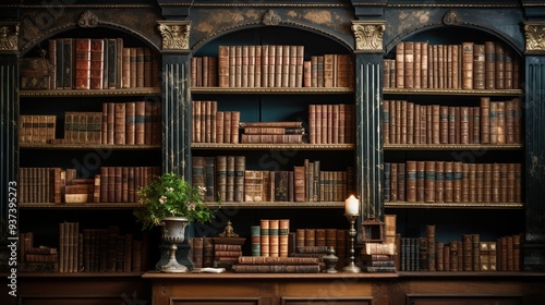 Antique Bookshelf Filled with Leatherbound Volumes. Bookshelves in the library. Knowledge and learning of concepts. AI generated image