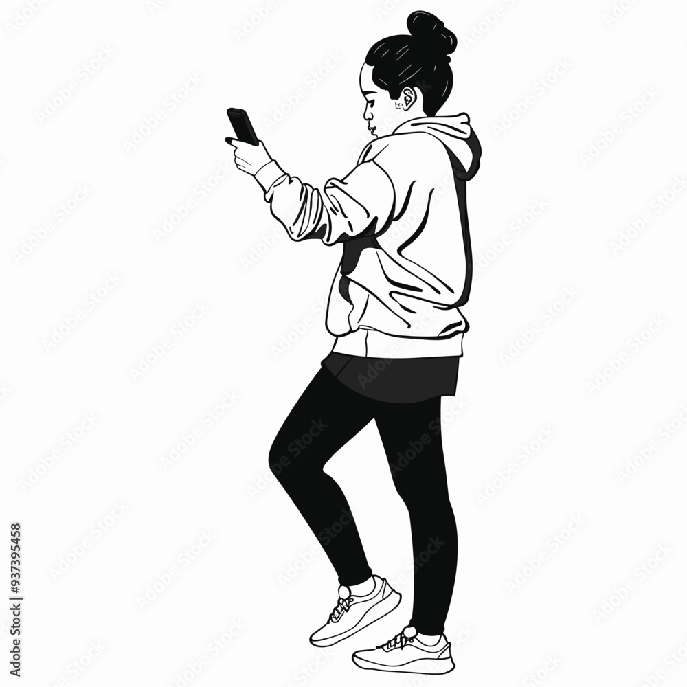 Side profile of young Asian woman in casual attire using smartphone, depicted in minimalist black and white line art style. Side profile of young Asian woman in casual attire using smartphone, depicted in minimalist black and white line art style.