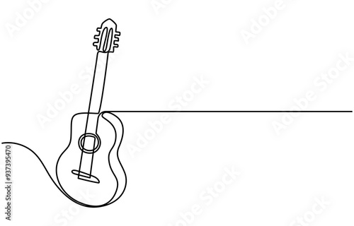 One continuous single line of classic guitar isolated on white background, Continuous line drawing of a man playing guitar musician. Minimalist style vector illustration, One line drawing of classic