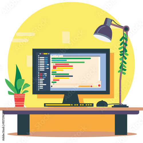 Colorful coding workspace illustration: monitor displaying code, desk lamp, and potted plant on yellow background