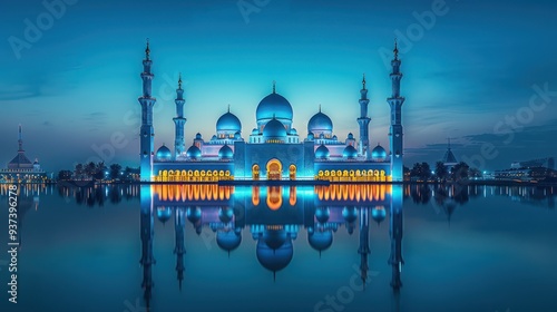 A Mosque with Blue Domes and Minarets Reflected in Still Water at Dusk photo