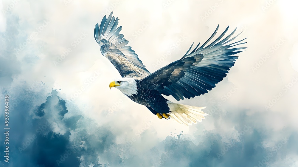 Obraz premium Majestic eagle soaring high in the sky, painted in soft pastel watercolors, perfect for a child's room, capturing the beauty and freedom of nature