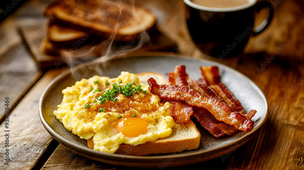 A hearty American breakfast with fluffy scrambled eggs, crispy strips of bacon, and a slice of toast, all served on a rustic wooden table with a cup of steaming coffee A hearty American breakfast with fluffy scrambled eggs, crispy strips of bacon, and a slice of toast, all served on a rustic wooden table with a cup of steaming coffee