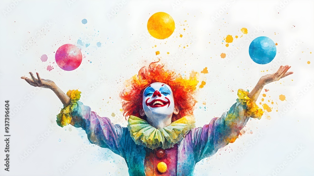 Obraz premium Pastel watercolor of a joyful clown juggling under the big top, ideal for a child's room, full of bright colors and circus magic