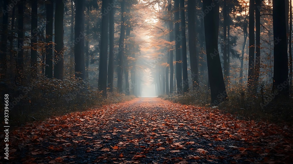 Fototapeta premium Mystical Forest Path with Fall Foliage and Fog - Realistic Image