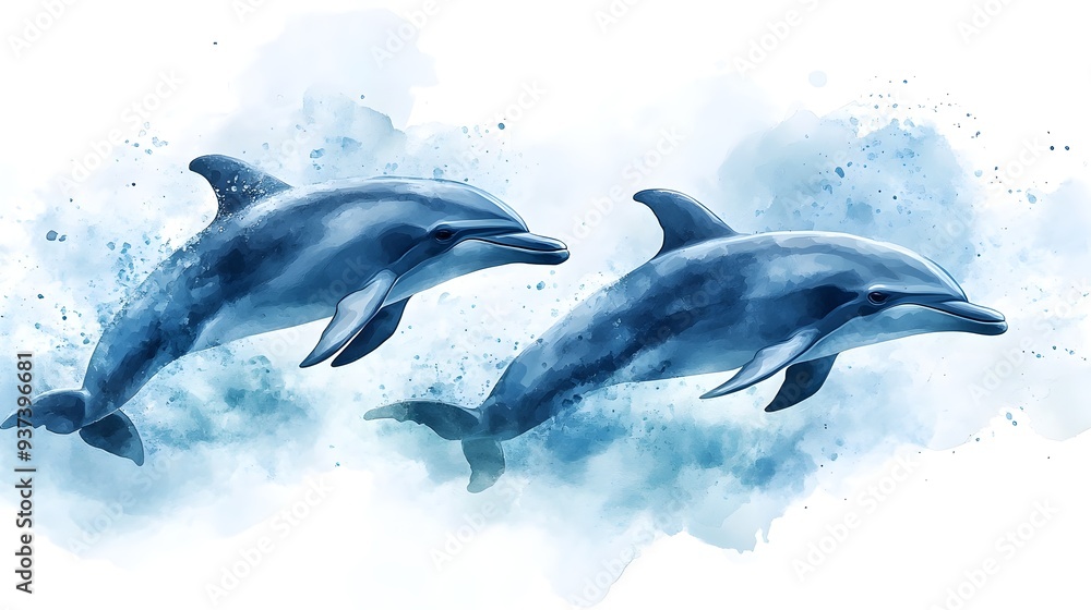 Pair of dolphins in a dreamy watercolor painting, ideal for a child's room, with soft pastel colors capturing the beauty of the underwater world Pair of dolphins in a dreamy watercolor painting, ideal for a child's room, with soft pastel colors capturing the beauty of the underwater world