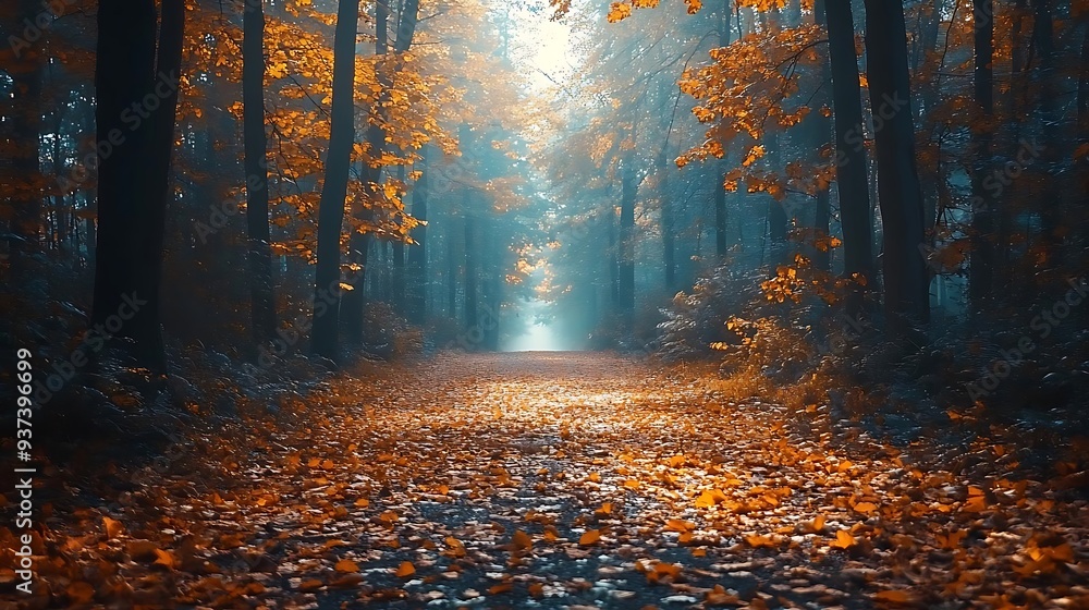 Autumn Forest Path with Sunlight Through the Trees - Photo Autumn Forest Path with Sunlight Through the Trees - Photo