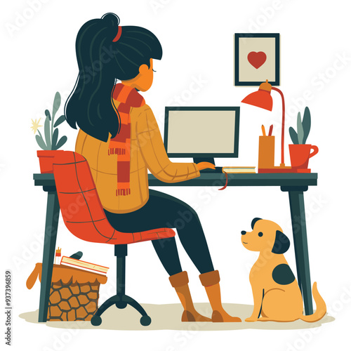 Woman working from home in cozy office space with pet dog, featuring warm colors and illustrated style