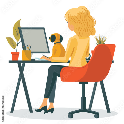 Blonde woman working from home with her dog, illustrating modern remote work lifestyle in a cozy home office setting.