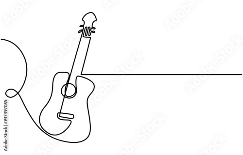 One continuous single line of classic guitar isolated on white background, Continuous line drawing of a man playing guitar musician. Minimalist style vector illustration, One line drawing of classic