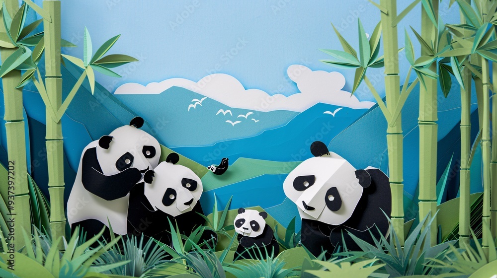 Naklejka premium Playful Panda Family Paper Cutout in Bamboo Forest Under Blue Sky