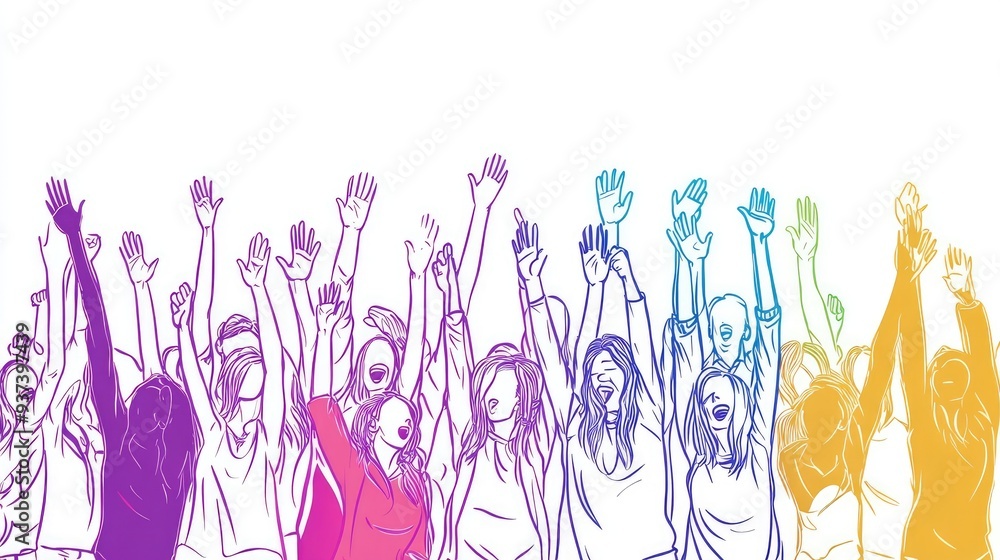 Vector Illustration of a Crowd Cheering with Hands Up, One Line Art on White Background Vector Illustration of a Crowd Cheering with Hands Up, One Line Art on White Background