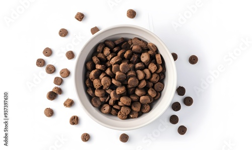 Dry dog food in a bowl on a white background. 