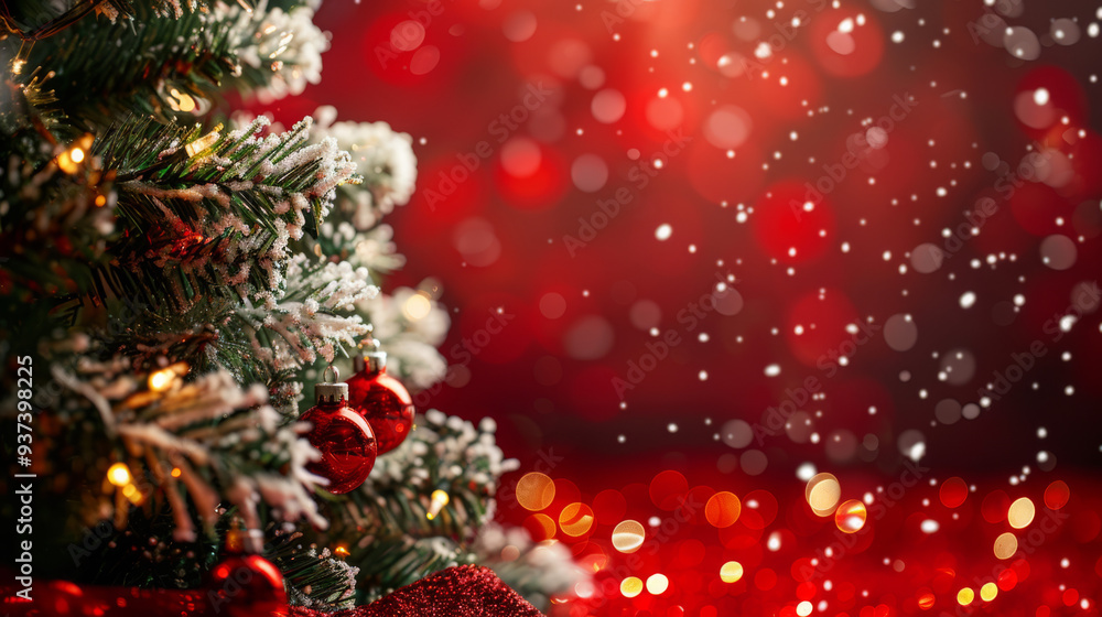 A Christmas tree with snow on it and red lights A Christmas tree with snow on it and red lights
