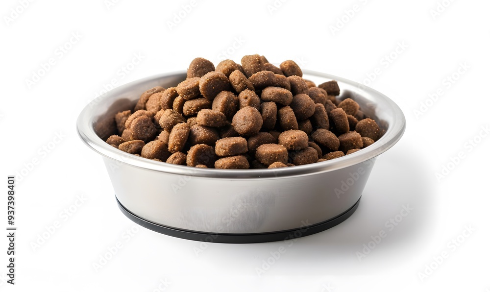 Dry dog food in a bowl on a white background. Dry dog food in a bowl on a white background.