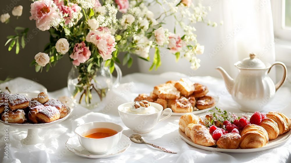 An elegant Continental breakfast spread featuring assorted pastries, a bowl of yogurt with honey, and a cup of tea An elegant Continental breakfast spread featuring assorted pastries, a bowl of yogurt with honey, and a cup of tea