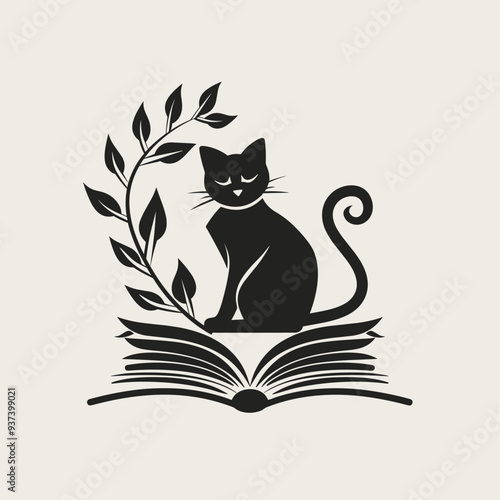 Silhouette of cat sitting on open book with leafy branch, depicting a whimsical literary or educational concept