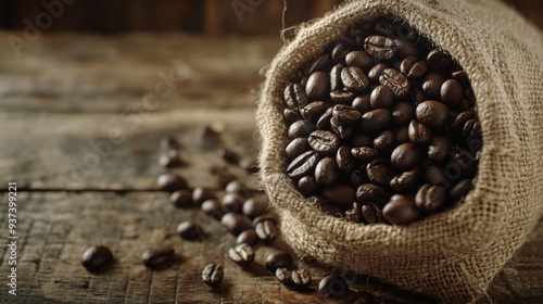 A bag of coffee beans is sitting on a wooden table. The beans are scattered around the bag, with some of them falling out of the bag. Concept of abundance and the idea of enjoying a warm cup of coffee