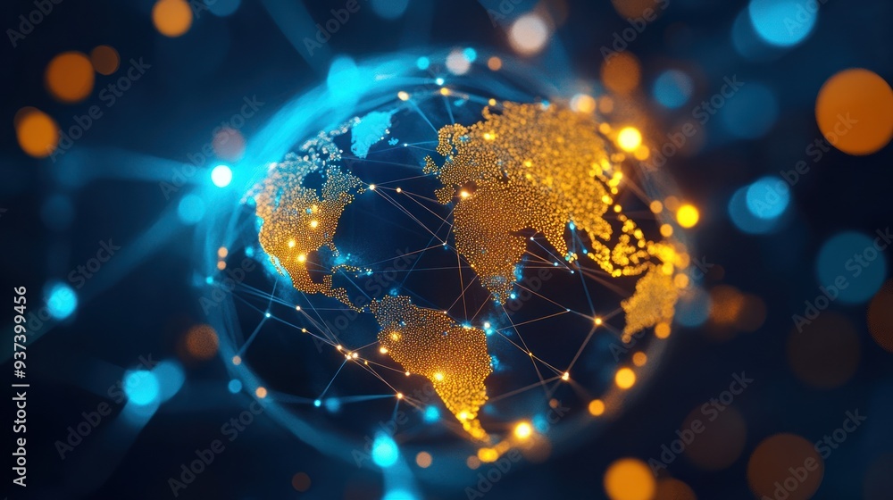 Digital globe network, illuminated continents connected by glowing lines, representing global communication, technology and modern connectivity in a vibrant, abstract design