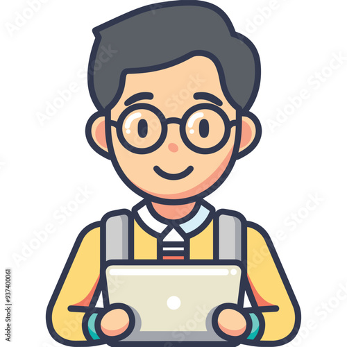 Cheerful cartoon character of a bespectacled man in yellow attire using a laptop, depicting a friendly tech-savvy professional