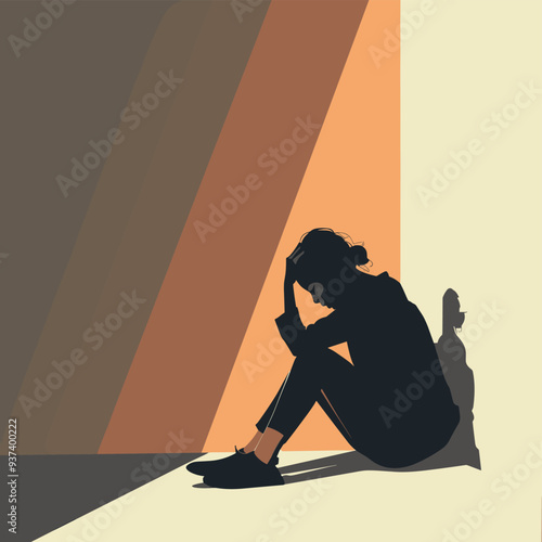 Silhouette of a person sitting alone in a corner, head bowed, against a background of warm color blocks depicting isolation and sadness.