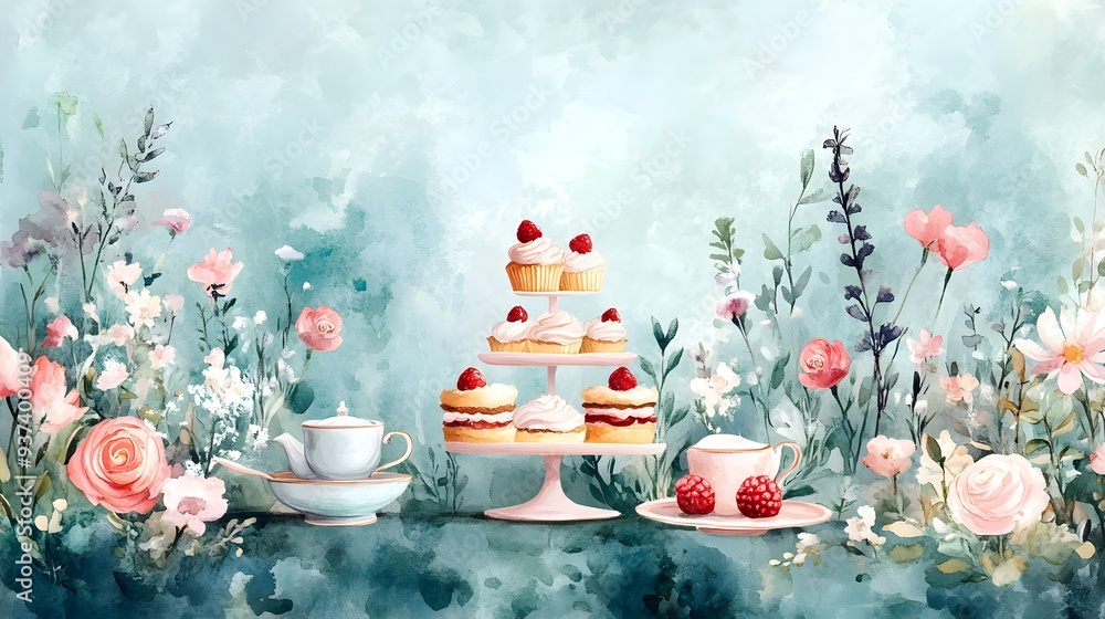 Obraz premium A pastel garden party scene with tea and cakes, watercolor style, perfect for a child's room, capturing the joy of a whimsical outdoor celebration