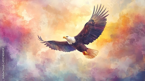 Wallpaper Mural Soaring eagle in a pastel-hued sky, painted in a colorful watercolor style, perfect for a child's room, symbolizing strength and freedom Torontodigital.ca