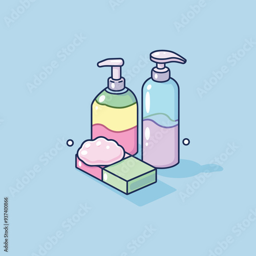 Colorful cartoon-style illustration of personal hygiene products: soap dispenser bottles and bars on a light blue background.