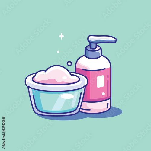 Colorful cartoon illustration of personal care items: a soap dispenser and a bowl of foamy soap on a mint green background.