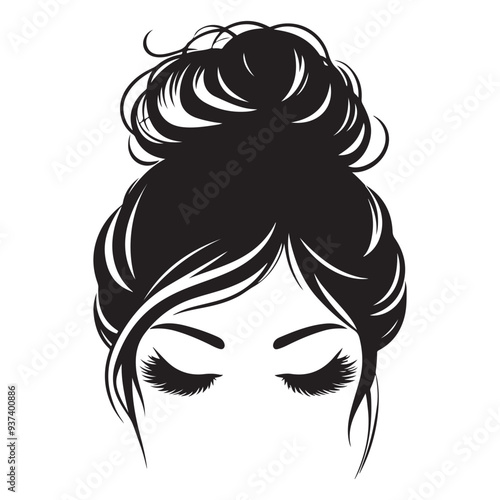 Messy hair bun, vector woman silhouette. Beautiful girl drawing illustration