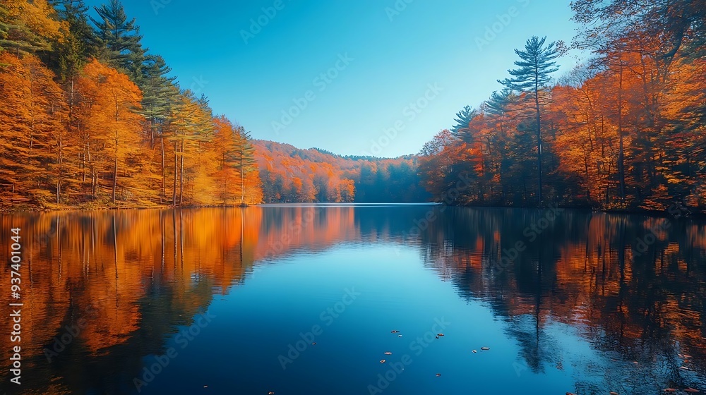 Fototapeta premium Autumn Reflections in a Tranquil Forest Lake - Photo