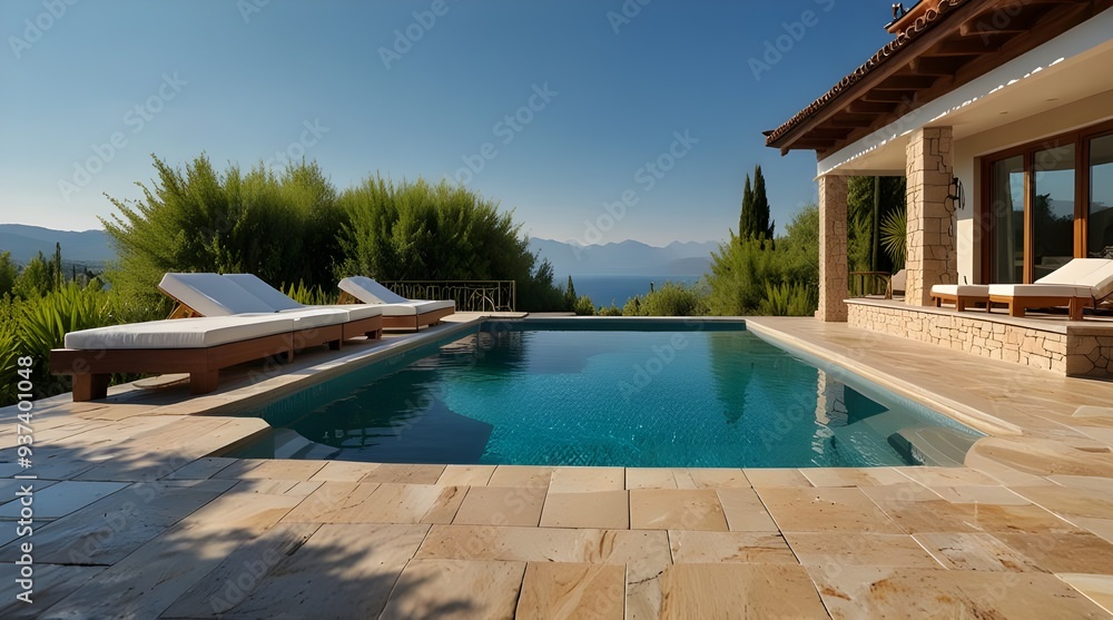 Fototapeta premium vacation, couple on the beach near swimming pool, luxury travel. Traditional mediterranean white architecture with arch sunshine. Summer vacation concept.Happy viewpoint and enjoys. generative.ai