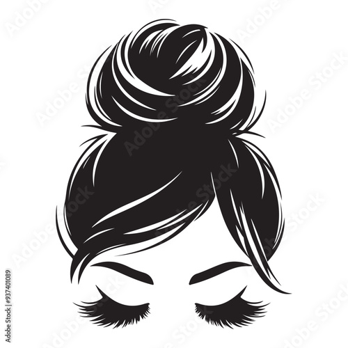 Messy hair bun, vector woman silhouette. Beautiful girl drawing illustration