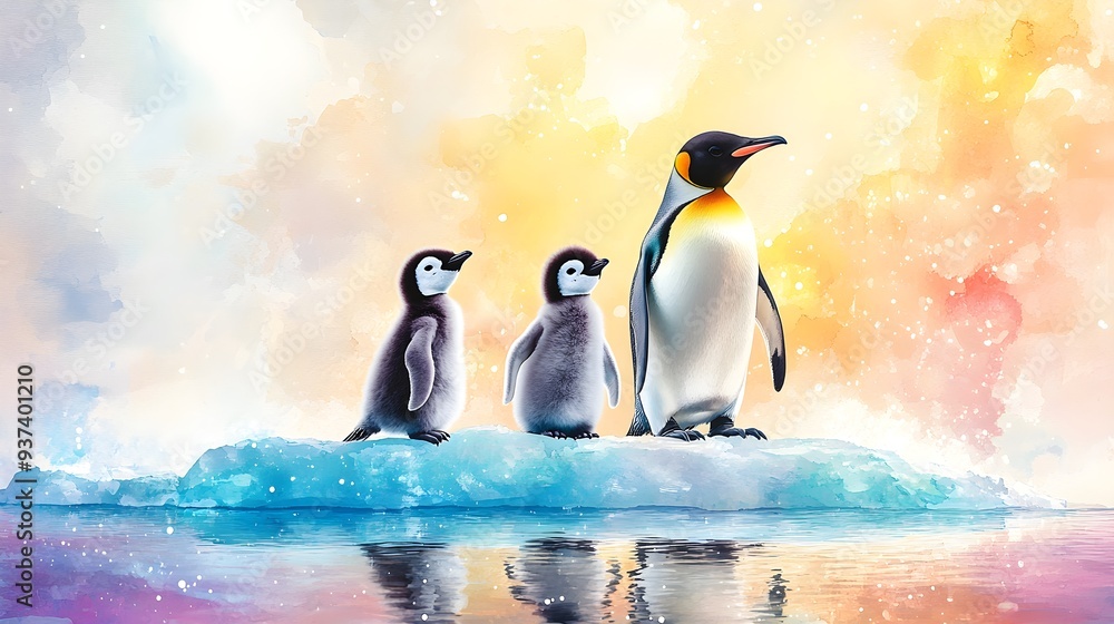 Obraz premium Charming penguin family on a colorful iceberg, depicted in gentle watercolor tones, perfect for adding warmth and joy to a child's room