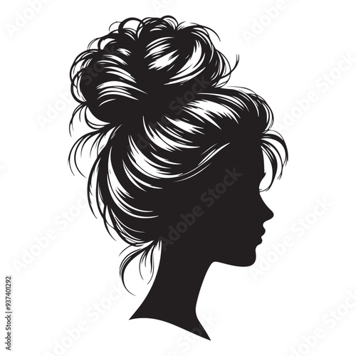 Messy hair bun, vector woman silhouette. Beautiful girl drawing illustration