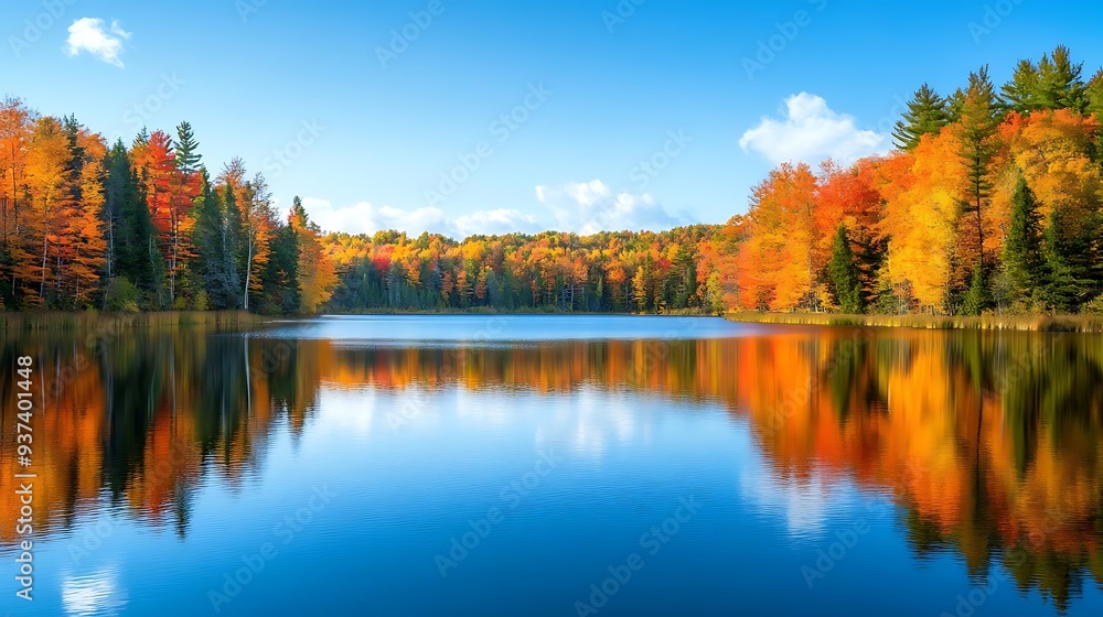 Fototapeta premium Fall Foliage Reflected in a Calm Lake - Photo